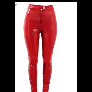 Red faux leather pants